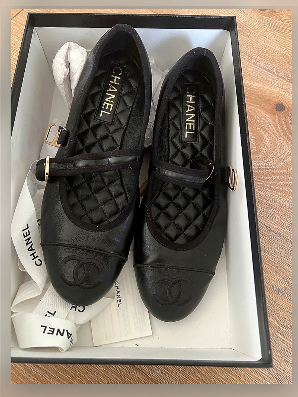 CHANEL Black Quilted Leather Mary Jane Flats with CC Toe size 36